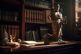 Fototapeta  - Courtroom with gavel, Themis statue, and law books on desk and in bookshelf. Generative AI