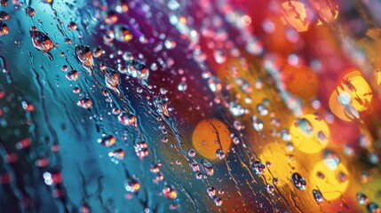 Wall Mural - water rain drops on a colorful neon glass window in the background. texture wallpaper design. genera