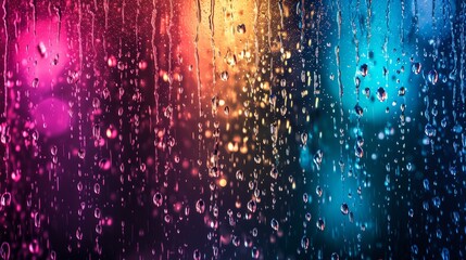 Wall Mural - water rain drops on a colorful neon glass window in the background. texture wallpaper design. Generative AI