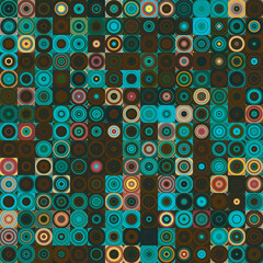 Poster - Dark brown and turquoise green colored circle shapes vintage style seamless pattern background.
