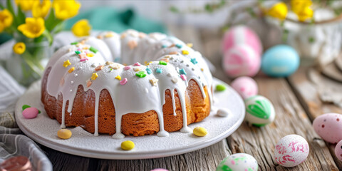 Easter cake with white icing and colorful sprinkles on a plate with Easter eggs. web banner design