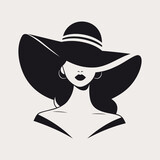 Fototapeta  - Portret pięknej kobiety w eleganckim kapeluszu z szerokim rondem. Młoda dziewczyna narysowana w minimalistycznym stylu. Ilustracja wektorowa High Fashion.