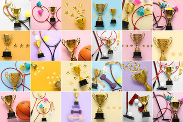 Wall Mural - Collage of trophy cups, medals and sports equipment on color background, top view