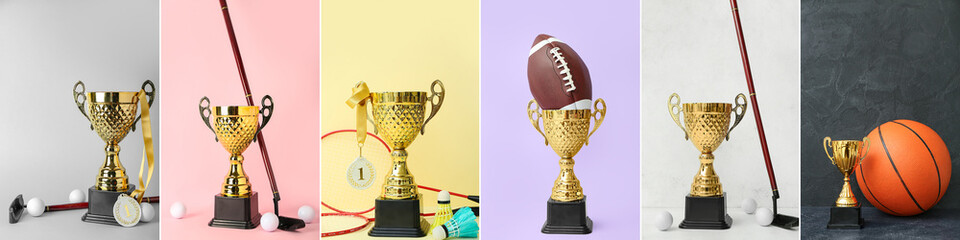 Wall Mural - Collection of trophy cups with sports equipment on color background