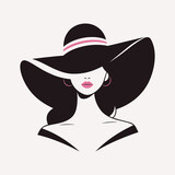 Fototapeta  - Portret pięknej kobiety w eleganckim kapeluszu z szerokim rondem w minimalistycznym stylu. Młoda dziewczyna z różowymi ustami. Ilustracja wektorowa High Fashion.