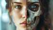 Half face and half skull of a girl showing skin over bone structure. Beauty is skin deep concept