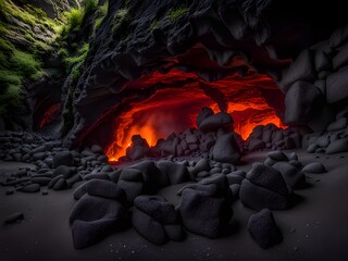 Canvas Print - a lava rock in a dark cave.