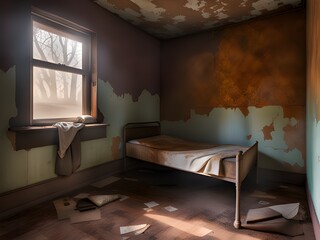 Canvas Print - Abandoned prison cell room with old rusty bed frame and peeling walls