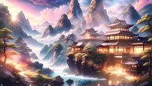 Fantasy Japanese Village River. Landscape Of  Cloudy Sunset At Mountains Background. Lofi Anime Style. Loop Animation Background Video.