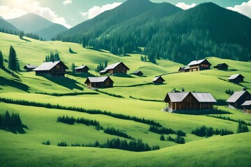 Wall Mural - Mountain green field landscape nature with wooden houses illustration in vector flat color style illustration