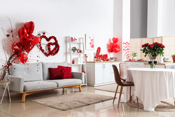 Poster - Interior of kitchen with grey sofa, heart-shaped balloons and hearts. Valentine's Day celebration