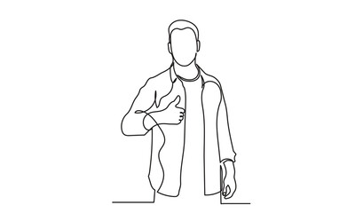 Wall Mural - Continuous line drawing of the man showing hands thumbs up. man showing thumb up sign. the concept of ok, done, success, gesture, and like sign. Single-line vector illustration.
