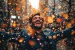 Happy business person wearing a suit throwing confetti in a downtown city street. Generative AI.