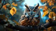 A cheerful owl resting on a branch in a tree. Generative AI.