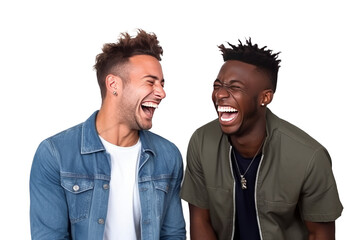 Two interracial best friends laughing and having a good time together on transparent background, generative ai.