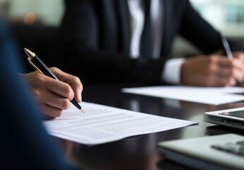 A person signing a document on a table. Generative AI.