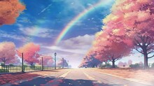 Pavement Road With Tree Along The Road In Autumn Season Looping Video Animation Anime Background Illustration