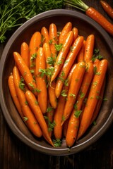 Sticker - A bowl of glazed carrots on a rustic wooden table. Generative AI.