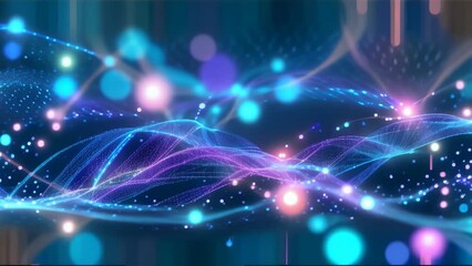 the flow of digital data with interlacing blue and purple lights. The complex network of dots and lines creates a futuristic atmosphere.

