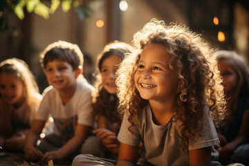 Close-up view of happy children listening to the teacher in kindergarten while sitting on the floor