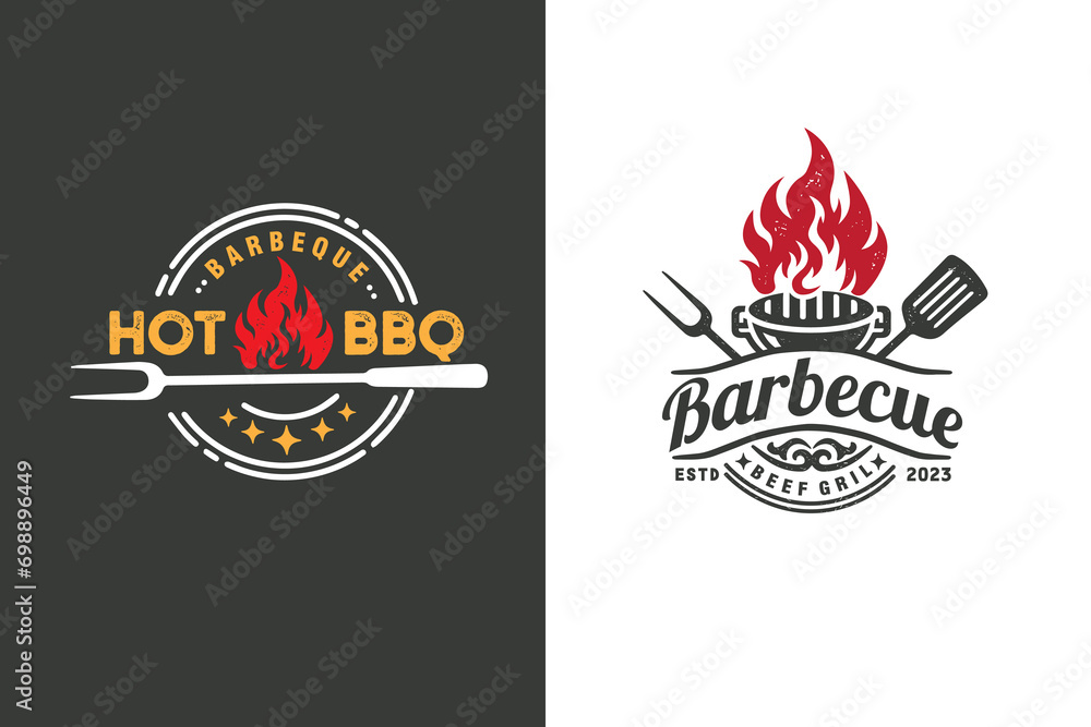vintage grill barbeque barbecue bbq with fork fire flame badge set logo ...