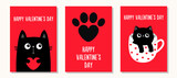 Fototapeta Pokój dzieciecy - Happy Valentines Day. Love greeting card banner set. Cat in tea coffee cup. Red heart paw print. Black kitten holding hearts. Cute cartoon funny baby animal pet character. Flat design. Red background.