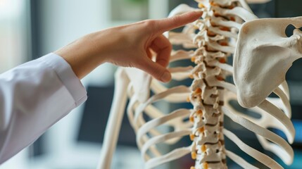 Close up physical therapist hand pointing on human skeleton at low back to advise and consult to patient to treatment at office for healthcare