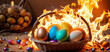 burning hot easter season doesn't even the easterbunny stay cool, hare on fire, basket on flames, the eggs will be hard
