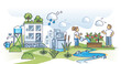 © VectorMine - Water conservation in city with rainwater collection and reusage in garden outline concept, transparent background. Save drinking water in urban environment illustration.