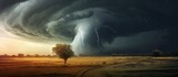 A tornado forms under a thunderstorm in a field.