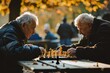 Two men playing chess on a wooden table