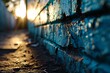 A brick wall with a blue tint and a sunset in the background