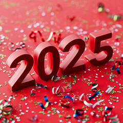 Wall Mural - Red 2025 3d text render with isolated on red background with confetti, ai technology