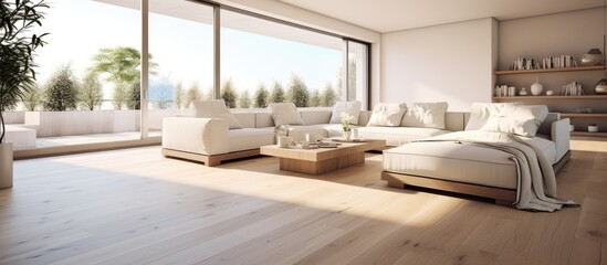 Wall Mural - a spacious, open living area with wooden floors and white sofas