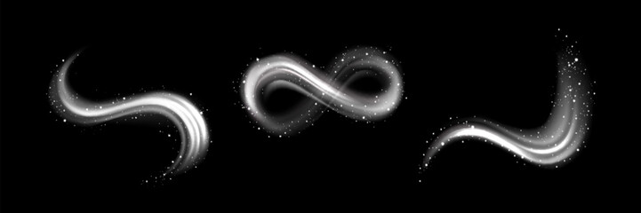 Wall Mural - white swirls set isolated on black background. vector realistic illustration of neon light waves and