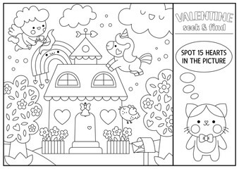 Sticker - Vector Saint Valentine black and white searching game with house and kawaii characters. Spot hidden object. Simple love holiday seek and find activity, coloring page with unicorn, cat couple, heart.