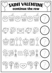 Wall Mural - What comes next. Saint Valentine black and white kawaii matching activity for preschool kids with traditional holiday symbols. Love holiday worksheet, coloring page. Continue the row game.