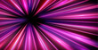 Fast light motion speed effect. Vector realistic illustration of abstract neon pink, purple rays, circular centric motion on black background, space travel route perspective, explosion energy warp