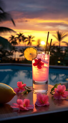 Wall Mural - Cocktail on a table, flowers, palm trees, paradise, alcohol, drinking at the pool, beautiful view, lemon slice, luxury, summer night, bar and restaurant, fresh beverage, pink