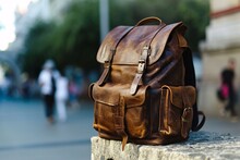 A Brown Leather Backpack On A Stone Surface.