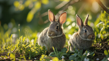 Wall Mural - cute easter rabbits in the grass