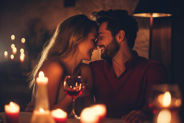 Young lady with her gorgeous man have romantic dinner