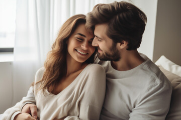  Portrait of two beautiful people in love smiling with closed eyes tender man touching his attractive girlfriend