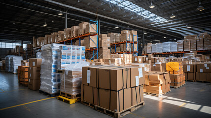 forklift carries a pallet with parcels in a warehouse full of goods. 3d rendered image. Industry concept, e-mail expeditions.