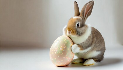 Wall Mural - Bunny holding an Easter egg. Easter background with place for text