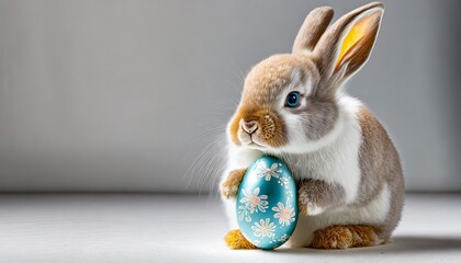 Wall Mural - Bunny holding an Easter egg. Easter background with place for text