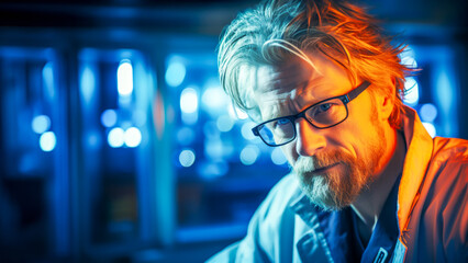 Wall Mural - Focused scientist with tousled hair and glasses, lit by cool glow of laboratory equipment, reflects moment of critical discovery or intense research, suggesting innovation. Copy space