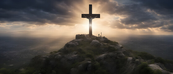 Wall Mural - Golgotha hill and cross as symbol of Jesus' death and resurrection during Passion Week.