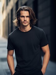 Young athletic man wearing black blank mockup tshirt on a blurred urban background