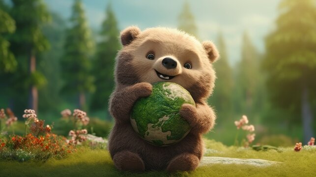 Bear Hugging Embracing Planet Globe Earth for Nature Protection, Earth Day, World Environment Day, Save th World. Zero Carbon Dioxide Emissions